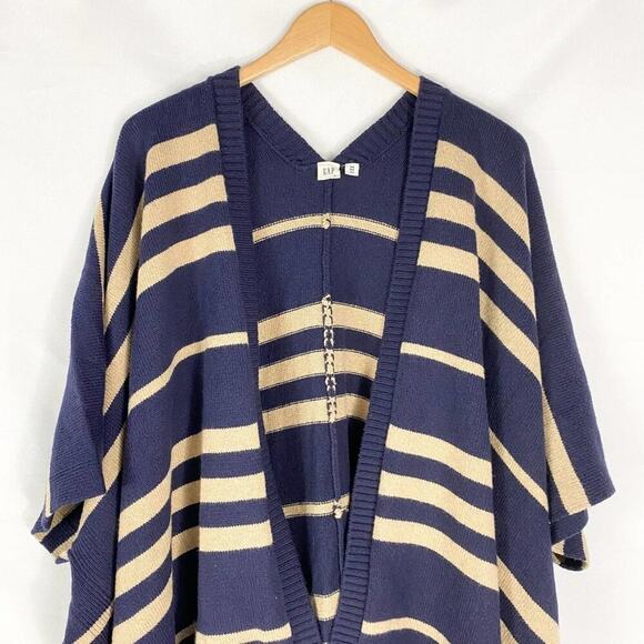 Gap Women Kimono Blanket Cardigan Sweater OS Navy Cotton‎ Wool Blend Nautical - Picture 3 of 8